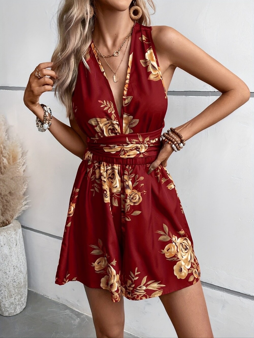 Burgundy Crisscross Back Floral Romper